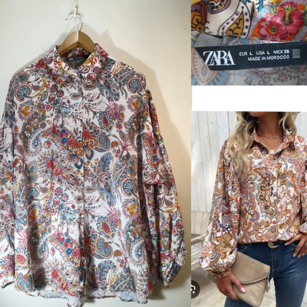 zara Paisley Print Shirt Boho Bohemian paisley top blouse. satin